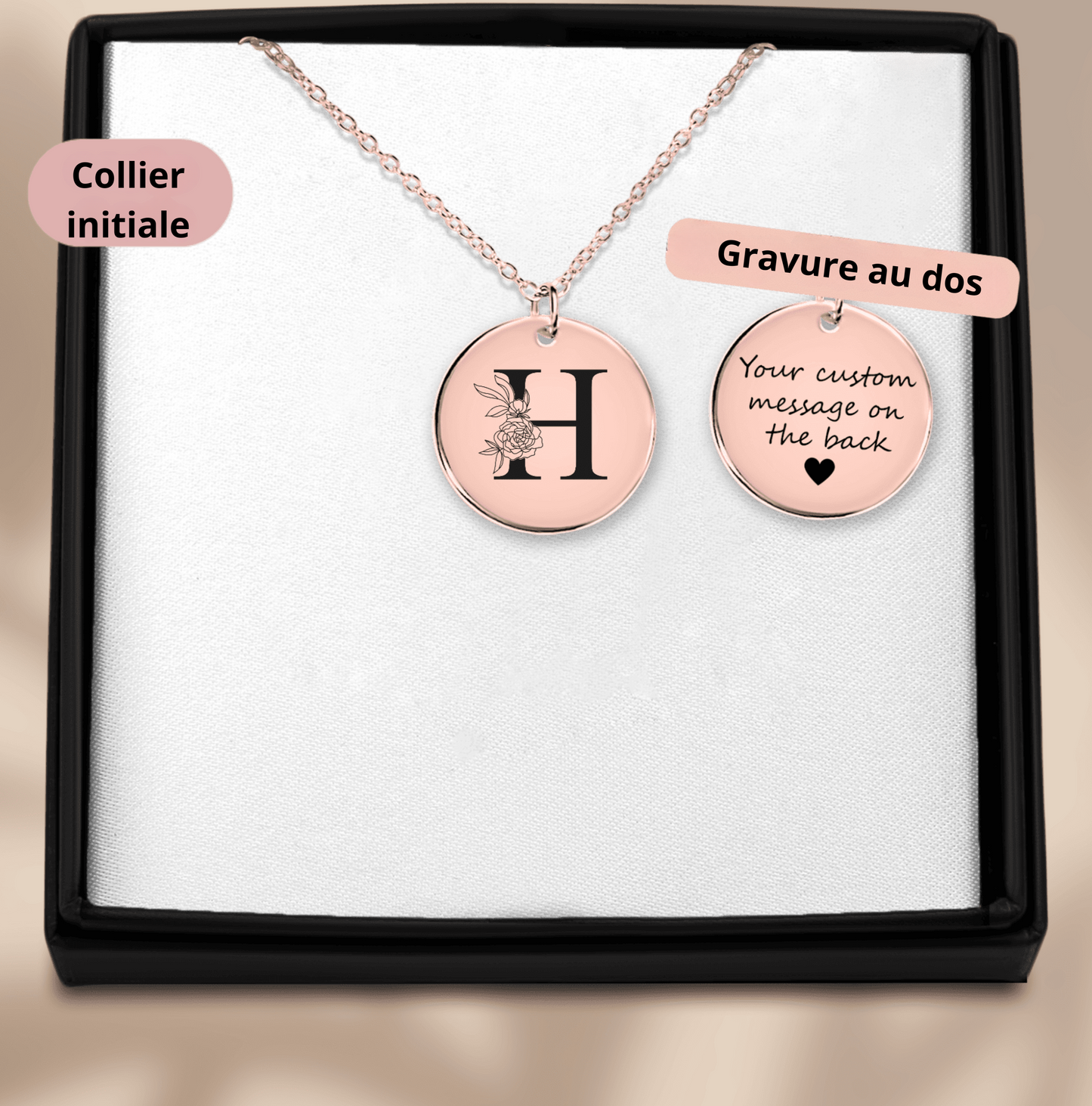 Collier personnalisé initiale florale en plaqué or rose