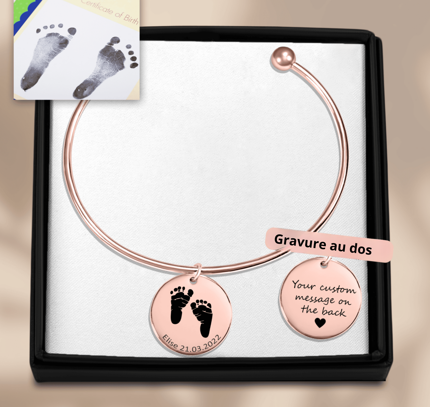 Jonc Personnalisé Empreinte pieds de Bébé en plaqué or rose