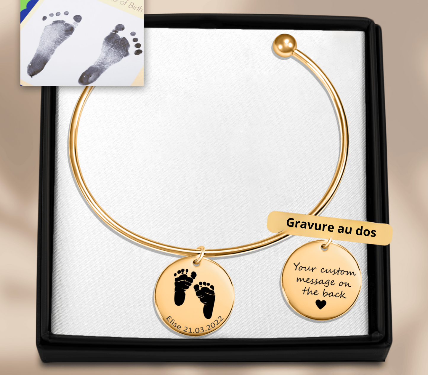 Jonc personnalisé Empreinte pieds de Bébé plaqué or