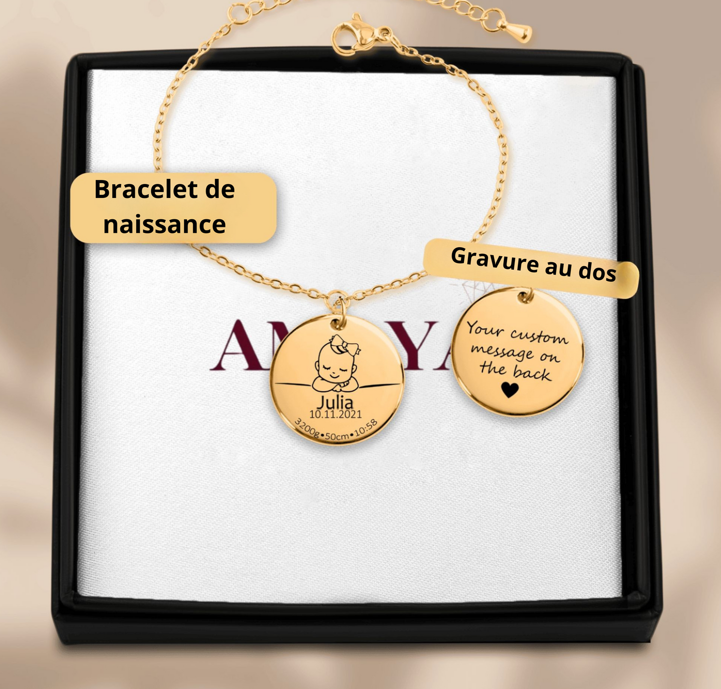 Bracelet de naissance personnalisé en plaqué or
