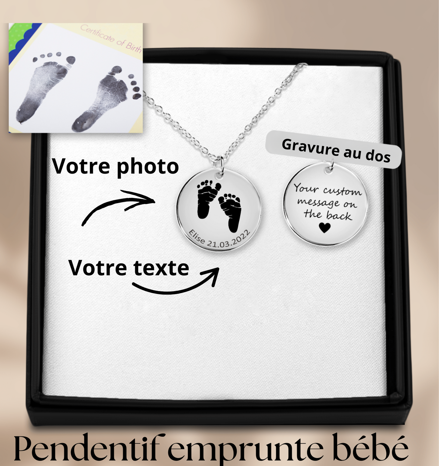 Collier personnalisé emprunte pieds de bébé en acier inoxydable