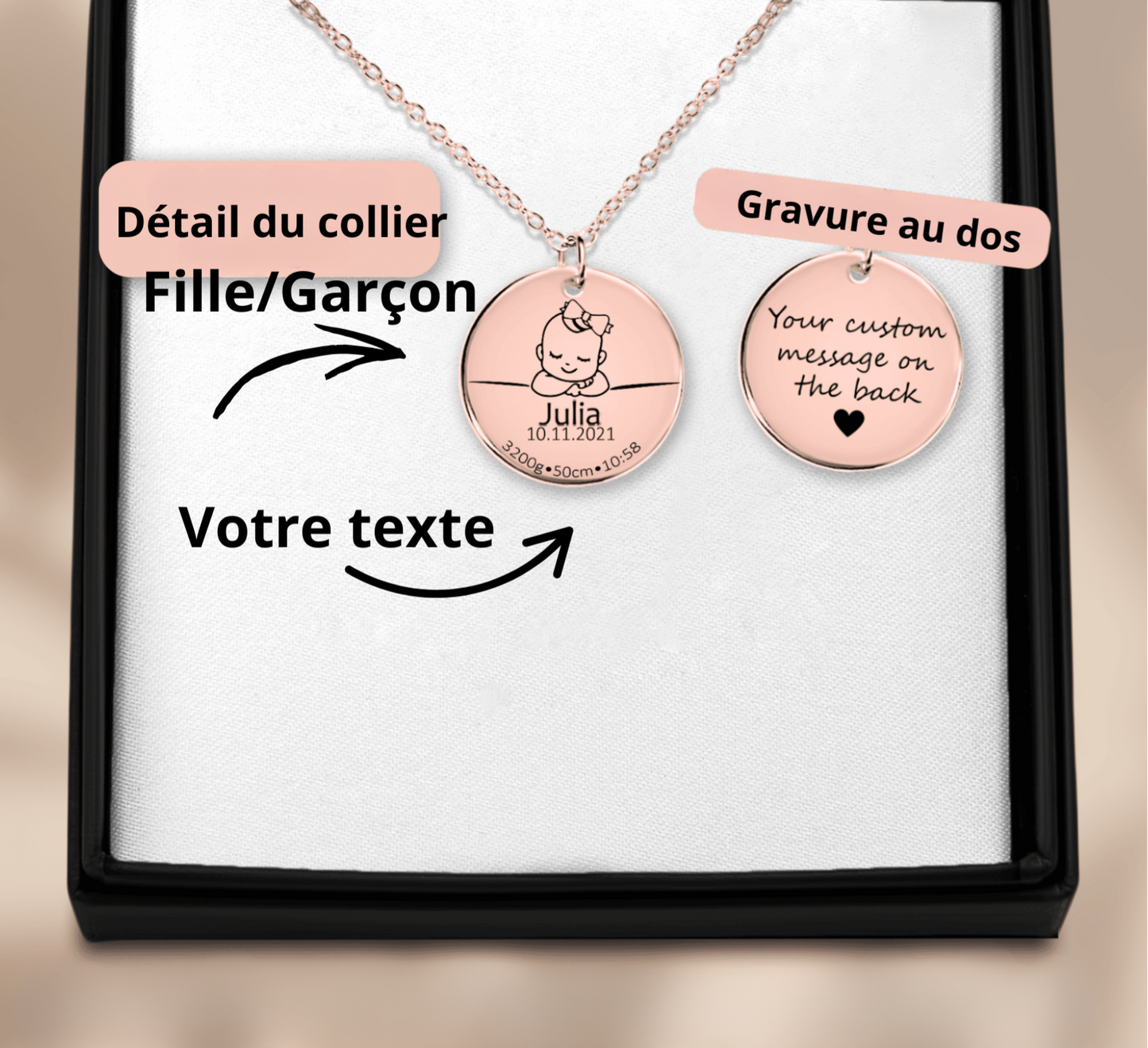 Collier de naissance personnalisé en plaqué or rose