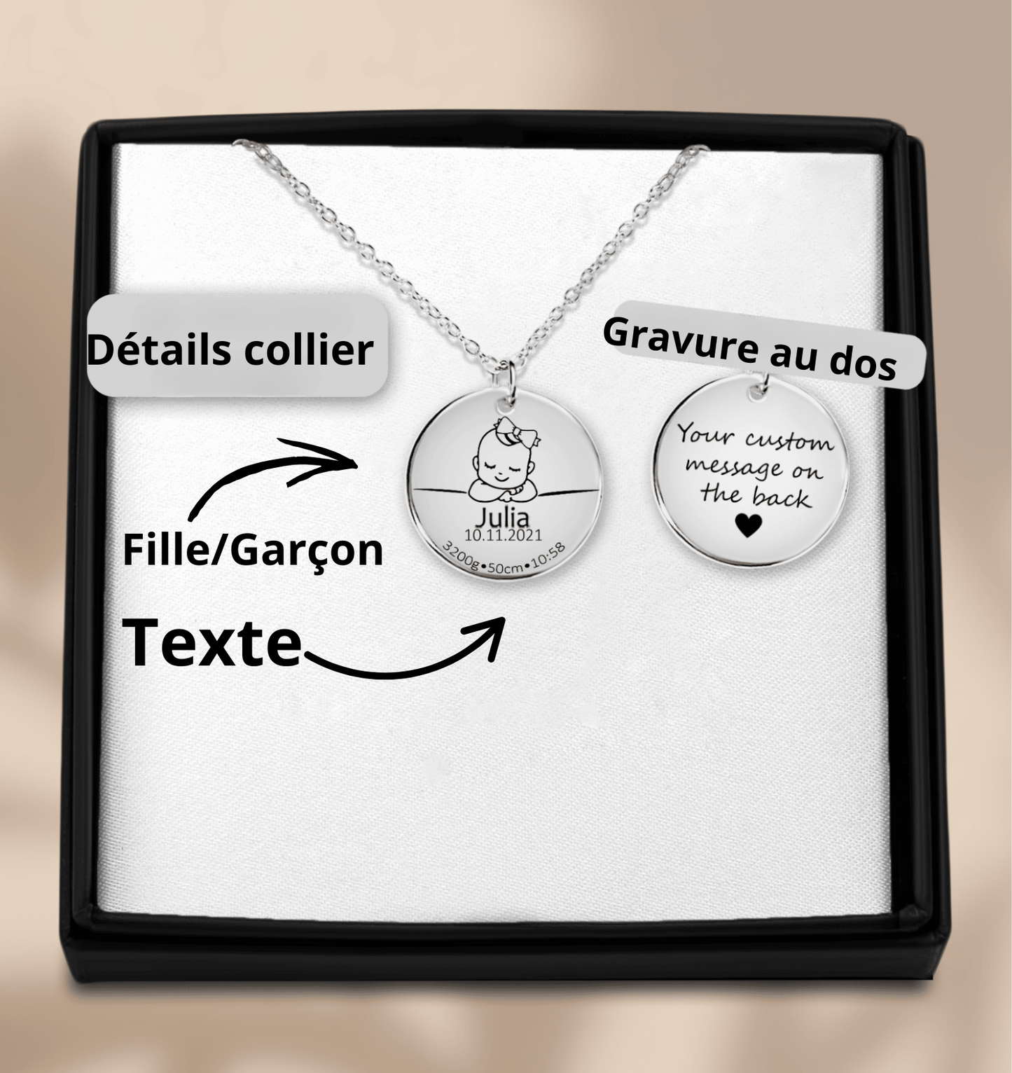Collier de naissance personnalisé en acier inoxydable
